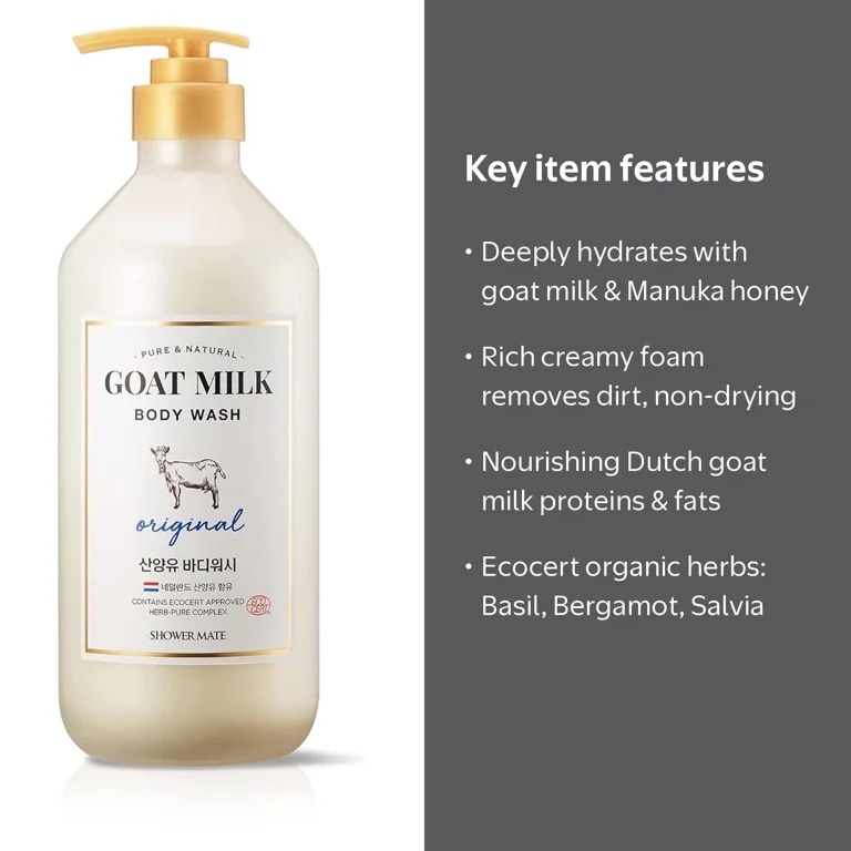 Shower Mate Goat Milk Body Wash 27 fl oz/ 800mL (1-Pack, Original Baby Powder)